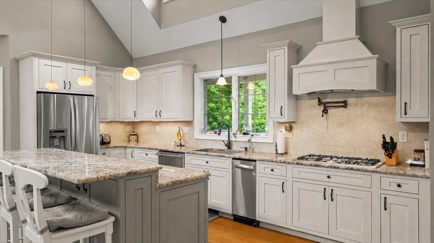 Bright white kitchen staged for sale in a Glastonbury Connecticut home
